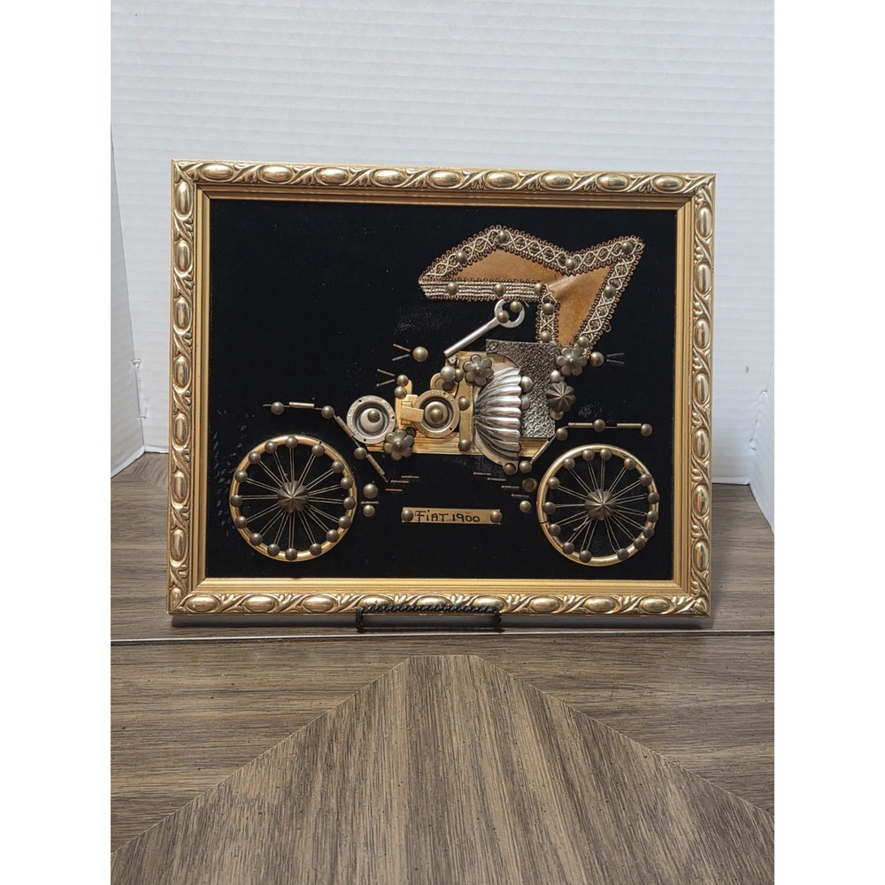 framed folk art piece features a 1900 Fiat automobile Steampunk